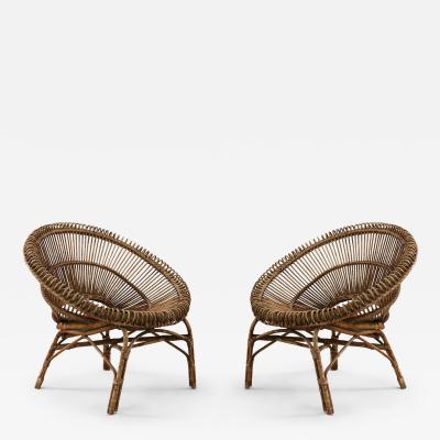 2 Mid Century French Round Bamboo and Rattan Chairs