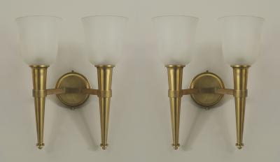 2 Pair of French 1940s Brass 2 Torch Design Arm Wall Sconces