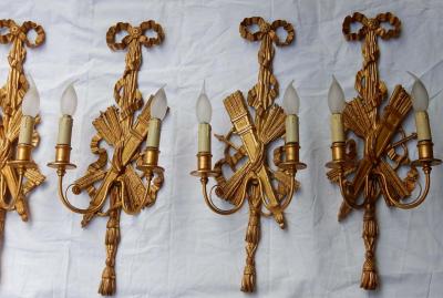 2 Pair of Sconces Golden Wood and Golden Iron Attributes with Arrows 1950 1970