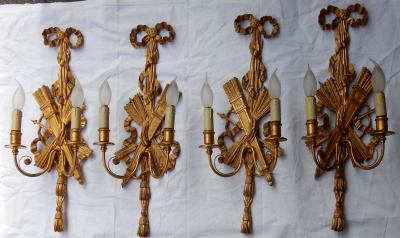 2 Pair of Sconces Golden Wood and Golden Iron Attributes with Arrows 1950 1970