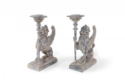 2 Pairs of Neo Classical Style Carved Chimera Form Candle Holders Bookends