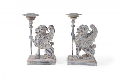 2 Pairs of Neo Classical Style Carved Chimera Form Candle Holders Bookends