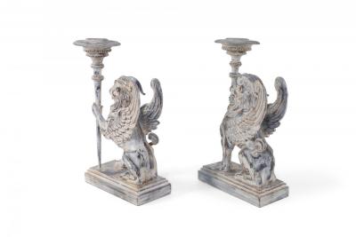 2 Pairs of Neo Classical Style Carved Chimera Form Candle Holders Bookends
