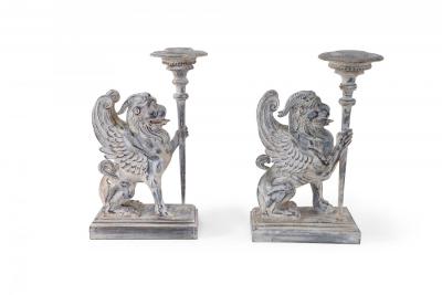 2 Pairs of Neo Classical Style Carved Chimera Form Candle Holders Bookends