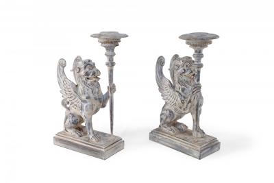 2 Pairs of Neo Classical Style Carved Chimera Form Candle Holders Bookends