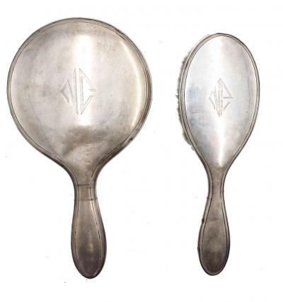 2 Piece American Art Deco Silver Brush and Mirror Set