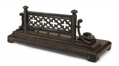 2 Piece Victorian Gothic Iron Double Inkwell Desk Set