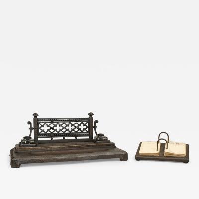 2 Piece Victorian Gothic Iron Double Inkwell Desk Set
