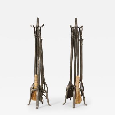 2 Sets of English Victorian Wrought Iron Fireplace Tools