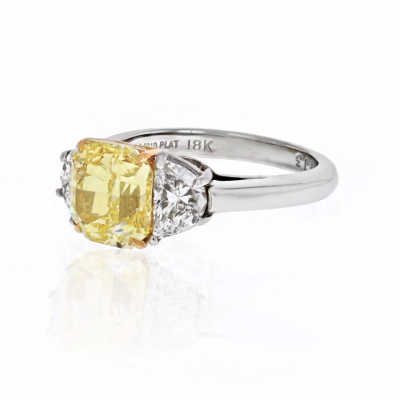 2 carat Cushion Cut Diamond Fancy Intense Yellow GIA Three Stone Engagement Ring