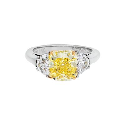 2 carat Cushion Cut Diamond Fancy Intense Yellow GIA Three Stone Engagement Ring