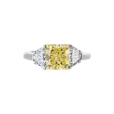 2 carat Cushion Cut Diamond Fancy Intense Yellow GIA Three Stone Engagement Ring