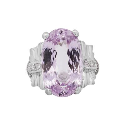 20 96 Carat Oval Light Pink Kunzite Diamond in Platinum Filigree Cocktail Ring