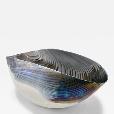 2000 Italian Blue Gray White Taupe Iridescent Murano Glass Monumental Shell Bowl