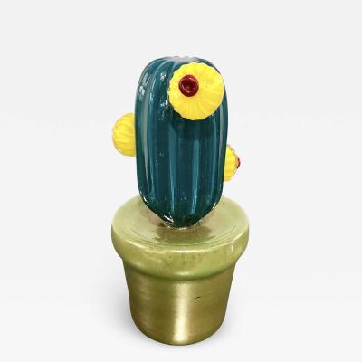 2000s Italian Teal Gold Green Murano Art Glass Cactus Plant with Yellow Flowers