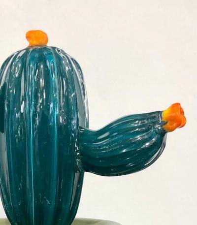 2000s Italian Teal Green Gold Murano Art Glass Cactus Plant with Orange Flowers