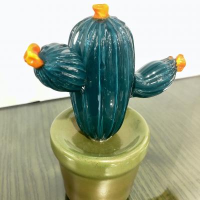 2000s Italian Teal Green Gold Murano Art Glass Cactus Plant with Orange Flowers