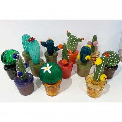 2000s Italian Teal Green Gold Murano Art Glass Cactus Plant with Orange Flowers