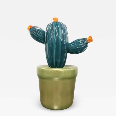 2000s Italian Teal Green Gold Murano Art Glass Cactus Plant with Orange Flowers