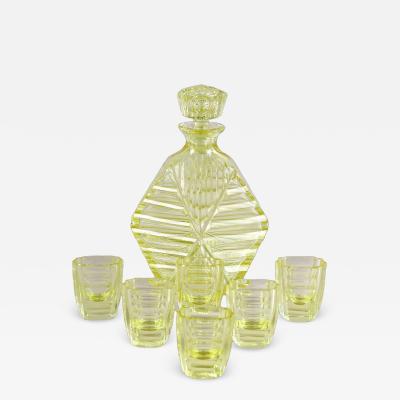 20th Century Art Deco Glass Decanter Set With 6 Shot Glasses CZ ca 1920