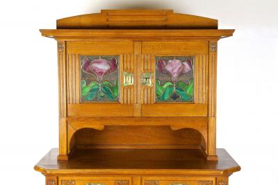 20th Century Art Nouveau Cabinet Buffet Oak Tiffany Style Glass AT ca 1910