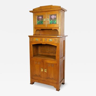 20th Century Art Nouveau Cabinet Buffet Oak Tiffany Style Glass AT ca 1910