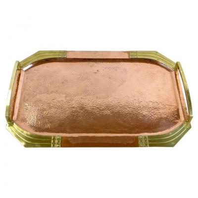 20th Century Art Nouveau Copper Serving Tray Gilt Brass Handles AT circa 1900