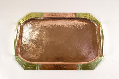 20th Century Art Nouveau Copper Serving Tray Gilt Brass Handles AT circa 1900