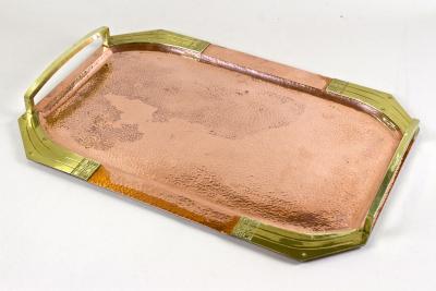 20th Century Art Nouveau Copper Serving Tray Gilt Brass Handles AT circa 1900