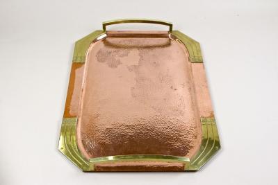 20th Century Art Nouveau Copper Serving Tray Gilt Brass Handles AT circa 1900