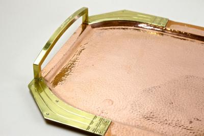 20th Century Art Nouveau Copper Serving Tray Gilt Brass Handles AT circa 1900