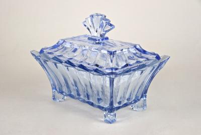 20th Century Blue Art Deco Glass Box with Lid Austria circa 1920
