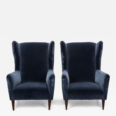 20th Century Blue Velvet Italian High Back Armchairs