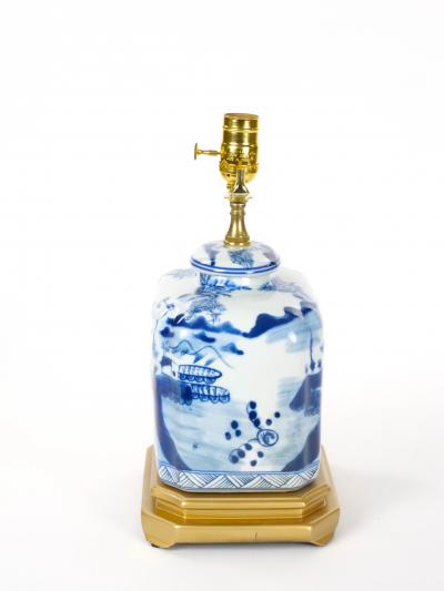 20th Century Blue White Chinoiserie Porcelain Wood Base Pair of Table Lamps