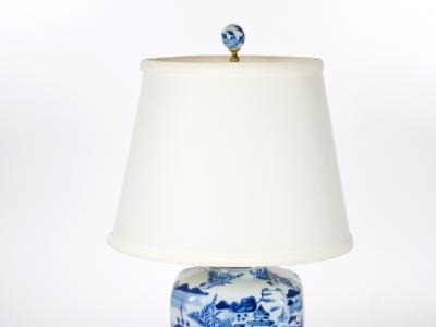 20th Century Blue White Chinoiserie Porcelain Wood Base Pair of Table Lamps