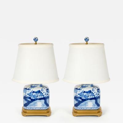 20th Century Blue White Chinoiserie Porcelain Wood Base Pair of Table Lamps