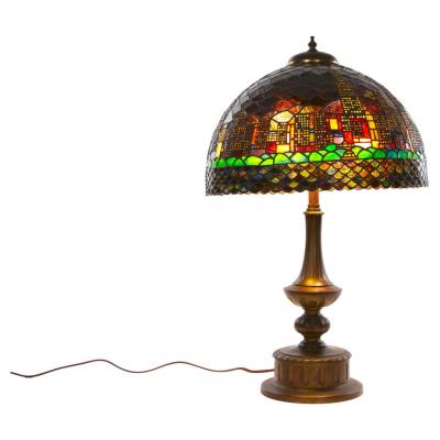 20th Century Bronze Leaded Glass Shade Table Lamp