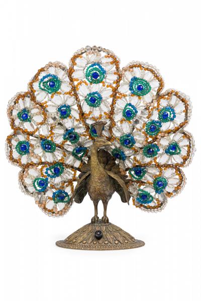 20th Century Czechoslovakian Cast Bronze and Glass Beaded Peacock Table Lamps