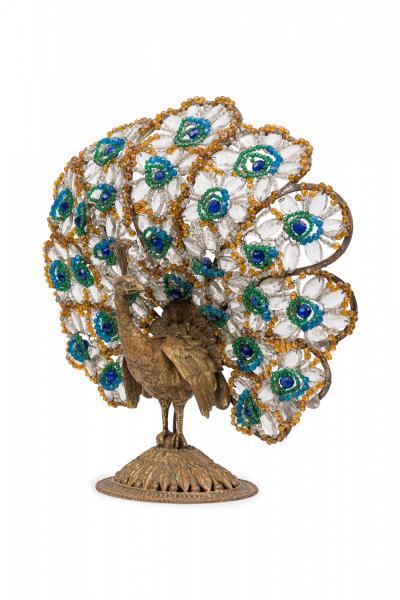 20th Century Czechoslovakian Cast Bronze and Glass Beaded Peacock Table Lamps