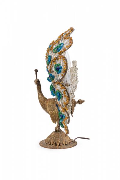 20th Century Czechoslovakian Cast Bronze and Glass Beaded Peacock Table Lamps