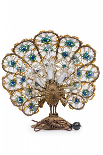 20th Century Czechoslovakian Cast Bronze and Glass Beaded Peacock Table Lamps