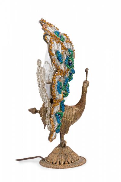 20th Century Czechoslovakian Cast Bronze and Glass Beaded Peacock Table Lamps