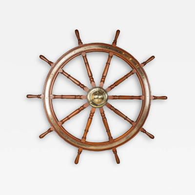20th Century Edwardian Turned Teak Brass Ship Wheel c 1900