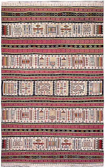 20th Century Folk Turkish Hand Knotted Wool Kilim Pink Black Ivory Yellow Rug