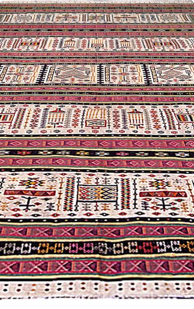 20th Century Folk Turkish Hand Knotted Wool Kilim Pink Black Ivory Yellow Rug