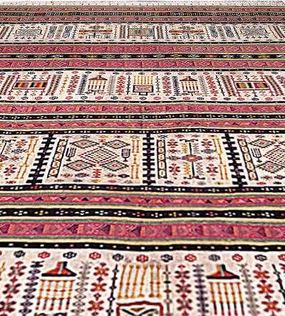 20th Century Folk Turkish Hand Knotted Wool Kilim Pink Black Ivory Yellow Rug
