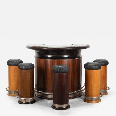 20th Century French Art Deco Style Round Bar with Six Stools