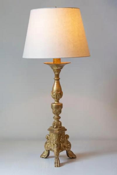 20th Century French Carved Giltwood Table Lamp with Tripod Base