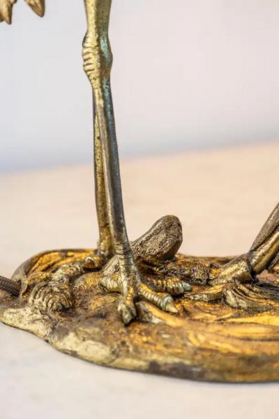 20th Century French Gilt Bronze Heron Lamp with Leaf Motif and Silk Shade