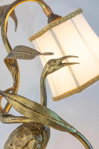 20th Century French Gilt Bronze Heron Lamp with Leaf Motif and Silk Shade